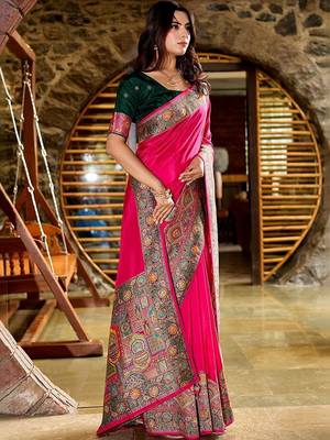 Pink kashmiri pashmina position printed saree with unstitched blouse piece 3