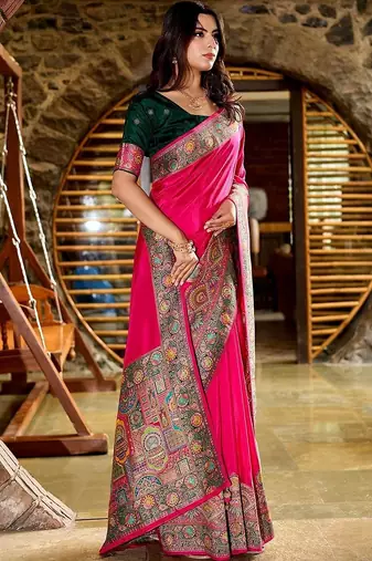 Pink kashmiri pashmina position printed saree with unstitched blouse piece
