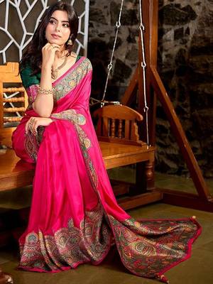 Pink kashmiri pashmina position printed saree with unstitched blouse piece 5
