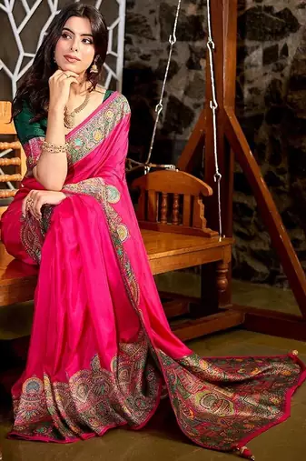 Pink kashmiri pashmina position printed saree with unstitched blouse piece