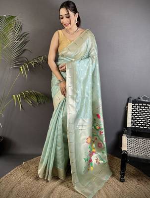 Sea green floral zari tissue designer paithani saree 1