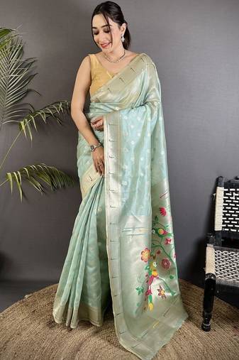 Sea green floral zari tissue designer paithani saree