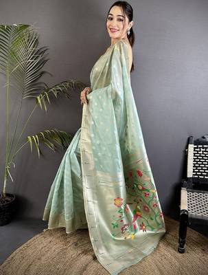 Sea green floral zari tissue designer paithani saree 2