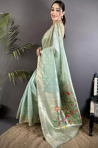 Sea green floral zari tissue designer paithani saree
