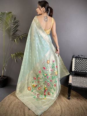 Sea green floral zari tissue designer paithani saree 3
