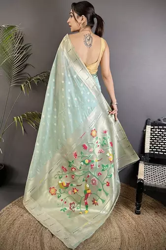 Sea green floral zari tissue designer paithani saree