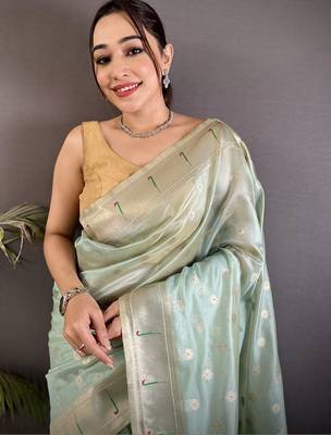 Sea green floral zari tissue designer paithani saree 5