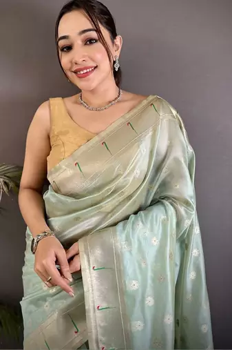 Sea green floral zari tissue designer paithani saree