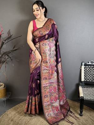 Purple ethnic motifs zari silk blend heavy work banarasi saree 1
