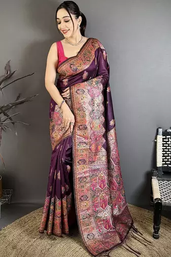 Purple ethnic motifs zari silk blend heavy work banarasi saree