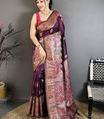 Purple ethnic motifs zari silk blend heavy work banarasi saree