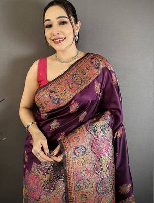 Purple ethnic motifs zari silk blend heavy work banarasi saree 2