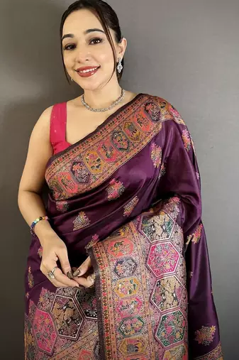 Purple ethnic motifs zari silk blend heavy work banarasi saree