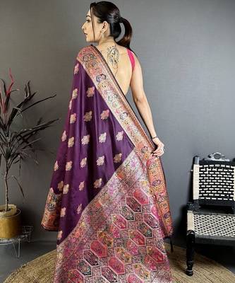 Purple ethnic motifs zari silk blend heavy work banarasi saree 3