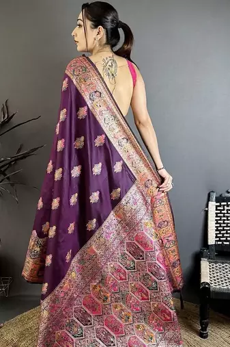 Purple ethnic motifs zari silk blend heavy work banarasi saree