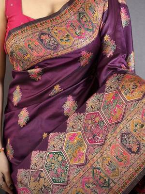 Purple ethnic motifs zari silk blend heavy work banarasi saree 4