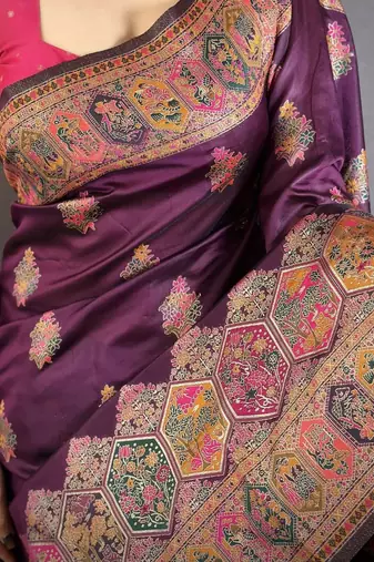 Purple ethnic motifs zari silk blend heavy work banarasi saree
