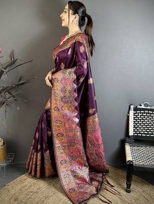 Purple ethnic motifs zari silk blend heavy work banarasi saree 5