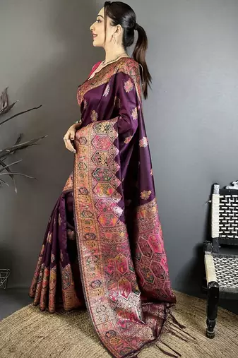 Purple ethnic motifs zari silk blend heavy work banarasi saree