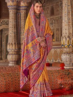 Yellow ethnic motifs embroidered silk blend heavy work saree 1