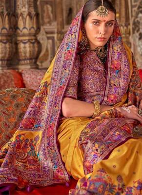 Yellow ethnic motifs embroidered silk blend heavy work saree 2