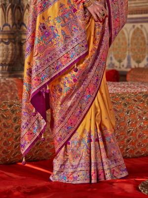 Yellow ethnic motifs embroidered silk blend heavy work saree 3