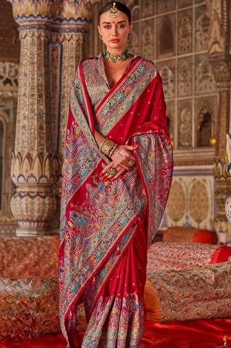 Red ethnic motifs zari silk blend heavy work saree