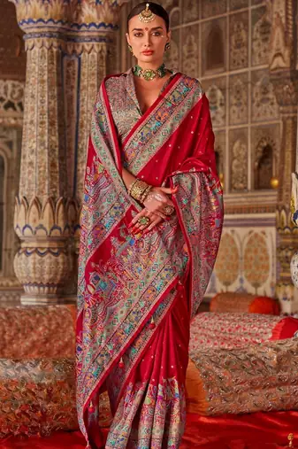 Red ethnic motifs zari silk blend heavy work saree