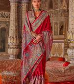 Red ethnic motifs zari silk blend heavy work saree
