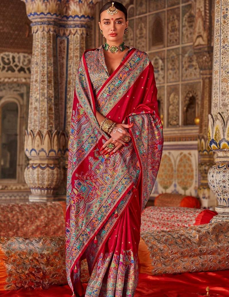 Red ethnic motifs zari silk blend heavy work saree