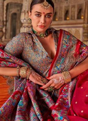 Red ethnic motifs zari silk blend heavy work saree 2