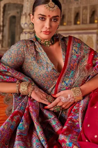 Red ethnic motifs zari silk blend heavy work saree
