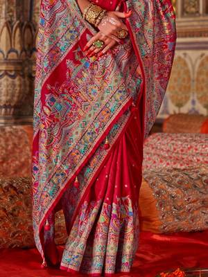 Red ethnic motifs zari silk blend heavy work saree 3