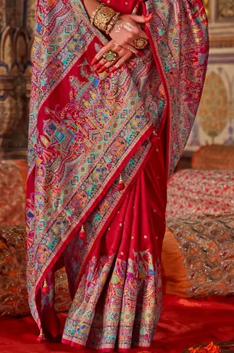 Red ethnic motifs zari silk blend heavy work saree
