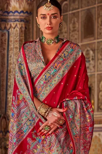 Red ethnic motifs zari silk blend heavy work saree