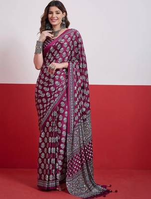 Burgundy ajrak block mirror work satin designer saree 1