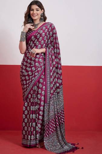 Burgundy ajrak block mirror work satin designer saree