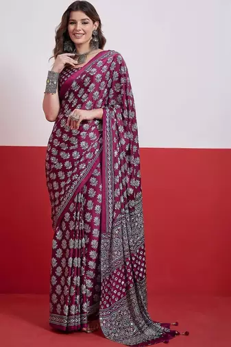 Burgundy ajrak block mirror work satin designer saree