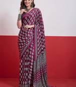 Burgundy ajrak block mirror work satin designer saree