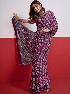 Burgundy ajrak block mirror work satin designer saree 2