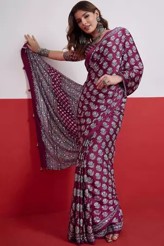 Burgundy ajrak block mirror work satin designer saree