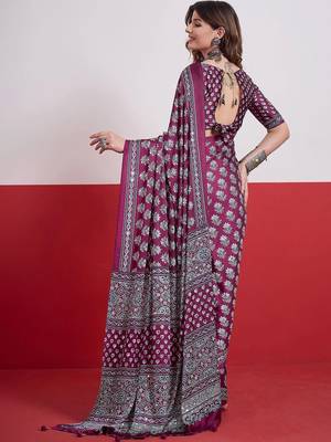 Burgundy ajrak block mirror work satin designer saree 3