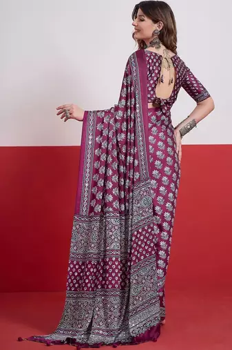 Burgundy ajrak block mirror work satin designer saree