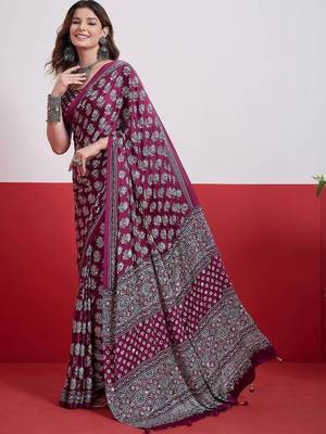Burgundy ajrak block mirror work satin designer saree 4