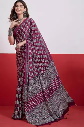 Burgundy ajrak block mirror work satin designer saree
