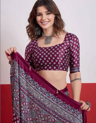 Burgundy ajrak block mirror work satin designer saree 5