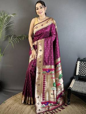 Burgundy zari silk blend designer kanjeevaram saree 1