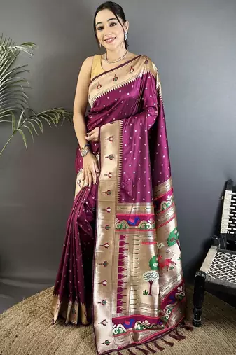 Burgundy zari silk blend designer kanjeevaram saree