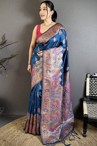 Teal ethnic motifs silk blend designer banarasi saree
