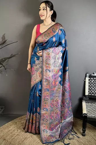 Teal ethnic motifs silk blend designer banarasi saree
